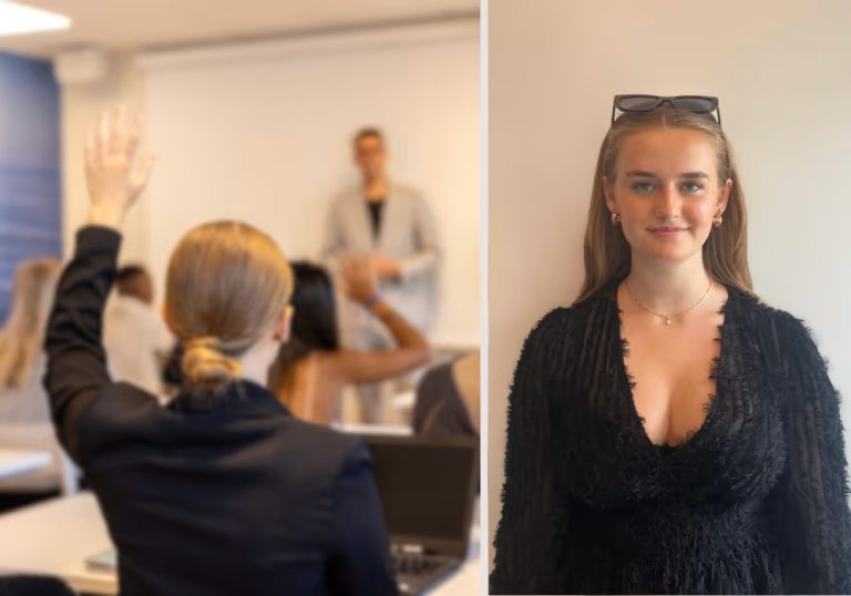 Porträtt på elev. Klassrum där elev räcker upp handen.