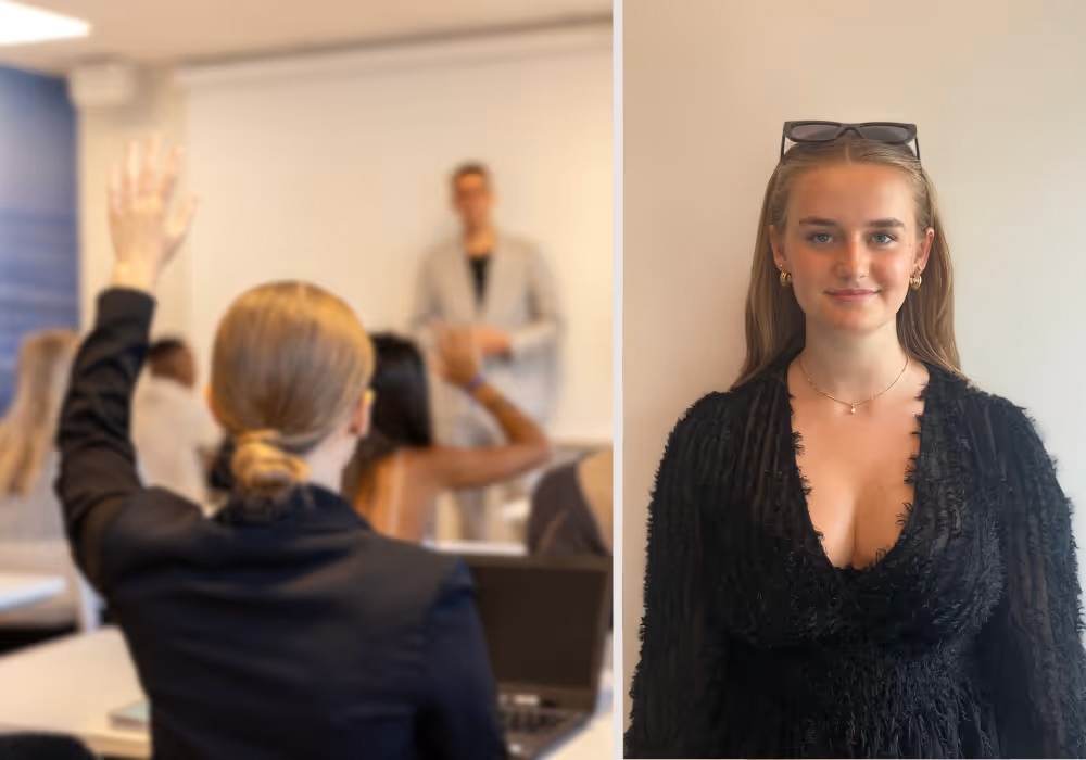 Porträtt på elev. Klassrum där elev räcker upp handen.
