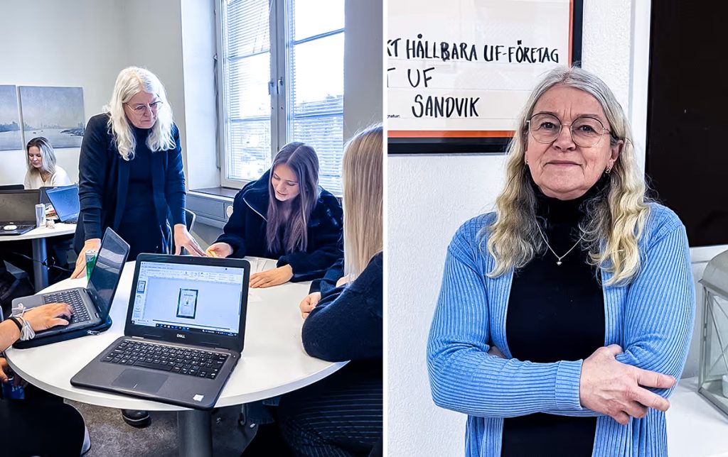 Två bilder. Porträtt på lärare. Klassrum där lärare hjälper elever.