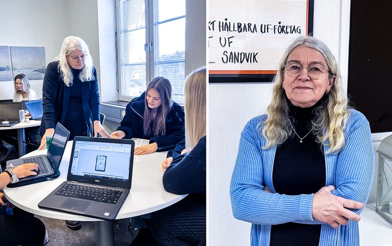 Två bilder. Porträtt på lärare. Klassrum där lärare hjälper elever.