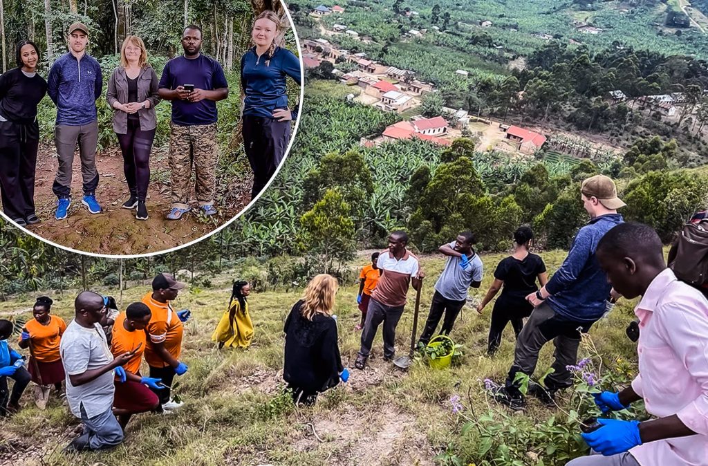 Elever och lärare från Affärsgymnasiet på bild i skogen i Uganda med Ugandiska elever.